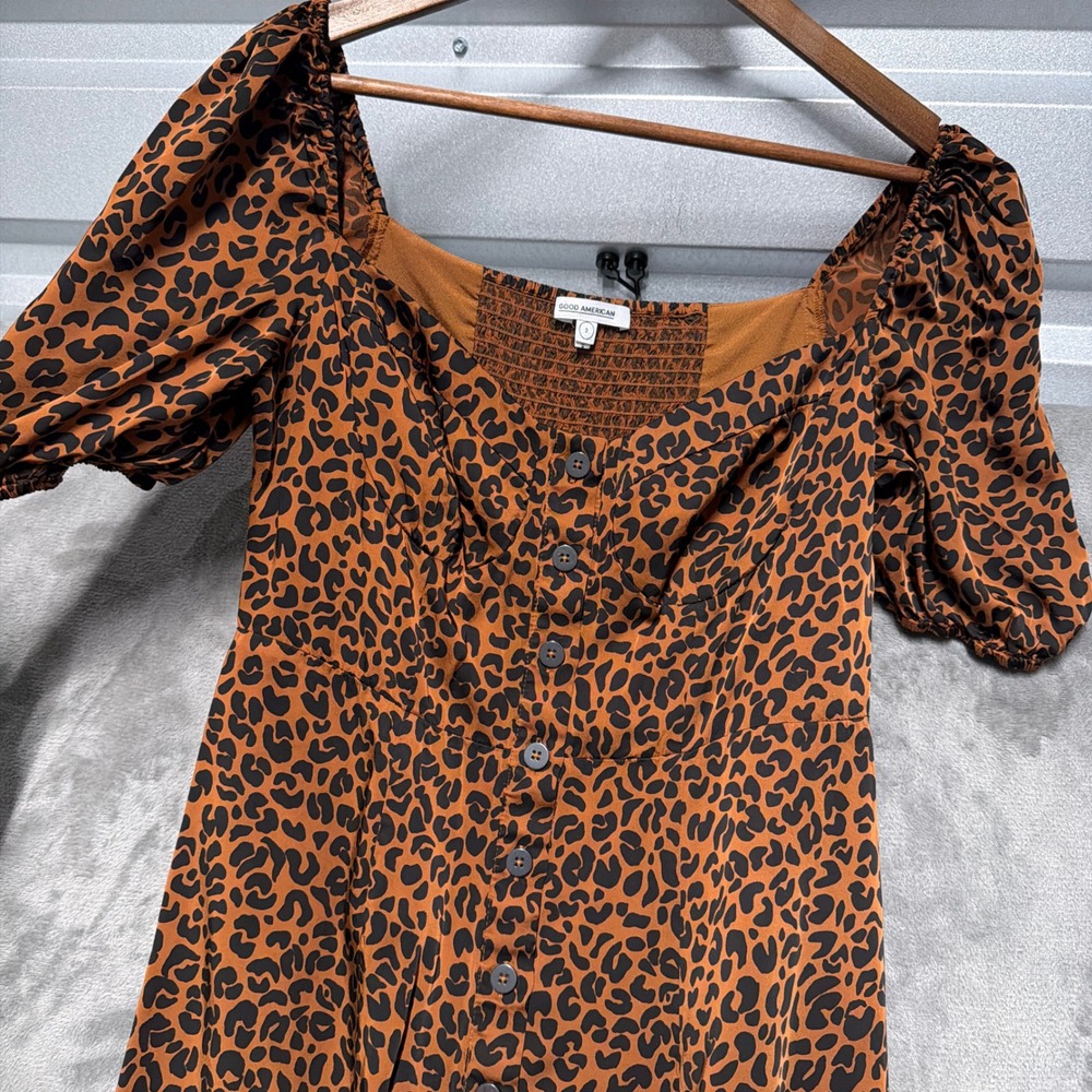 Good American Leopard Print Midi Dress Womens 3 Large Brown Button Front Smocked - Picture 9 of 12